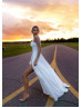 Long Sleeves Beaded White Chiffon Tulle Slit Wedding Dress